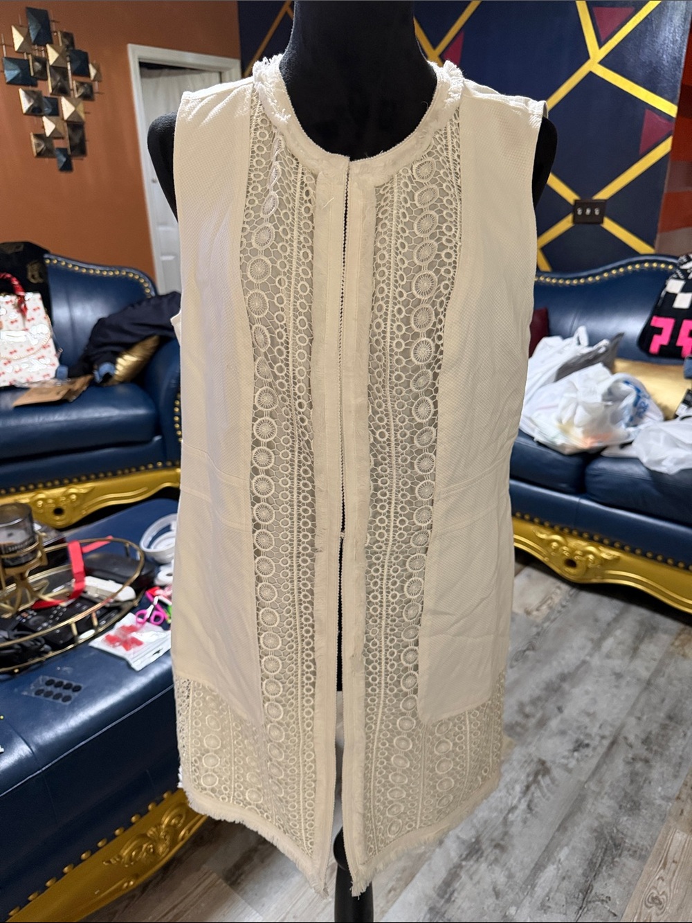 Chico’s Women's Cream Fringe Crochet Lace Sleeveless Vest